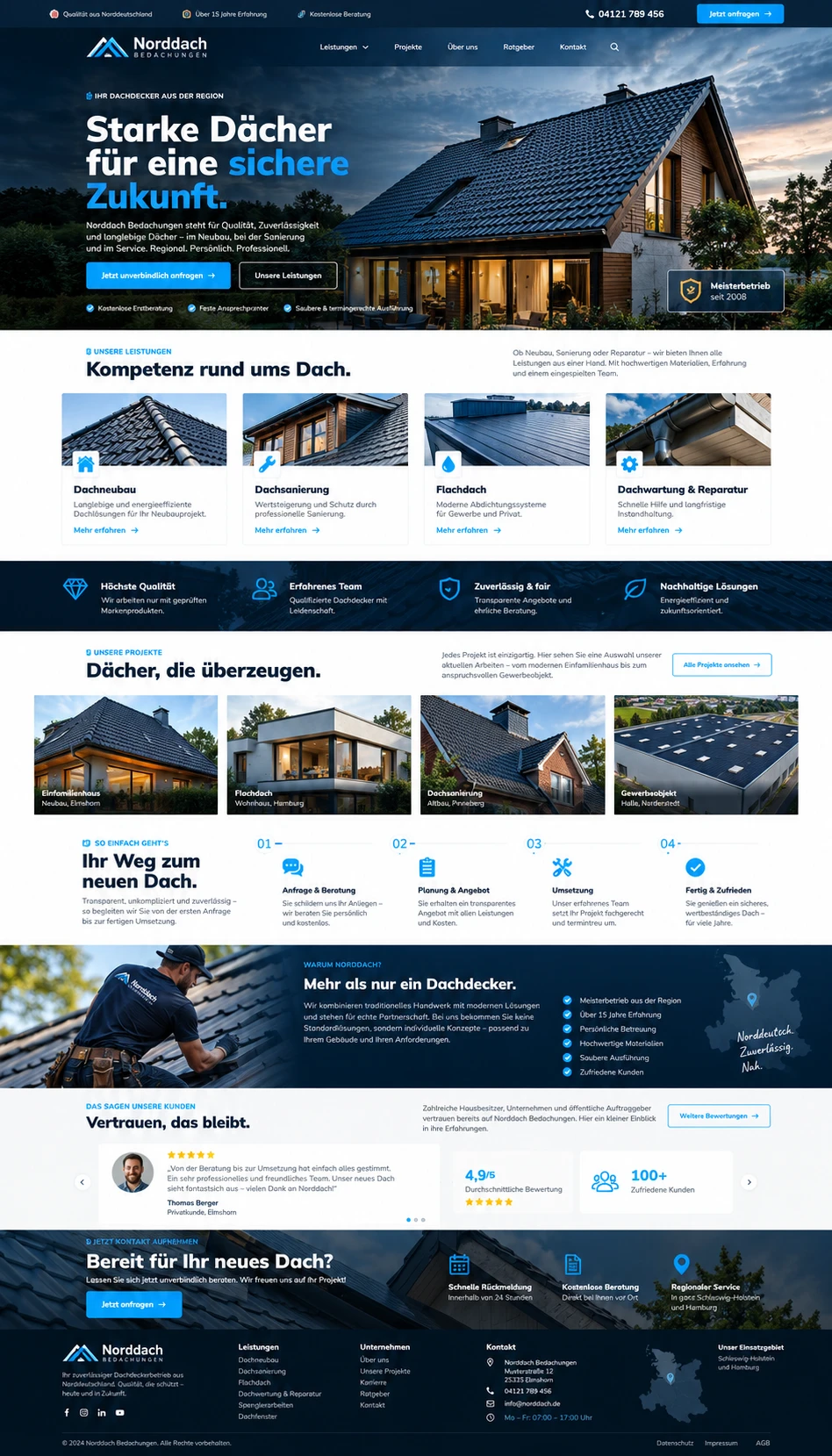 Designvorschau einer Website eines Dachdeckerbetriebs