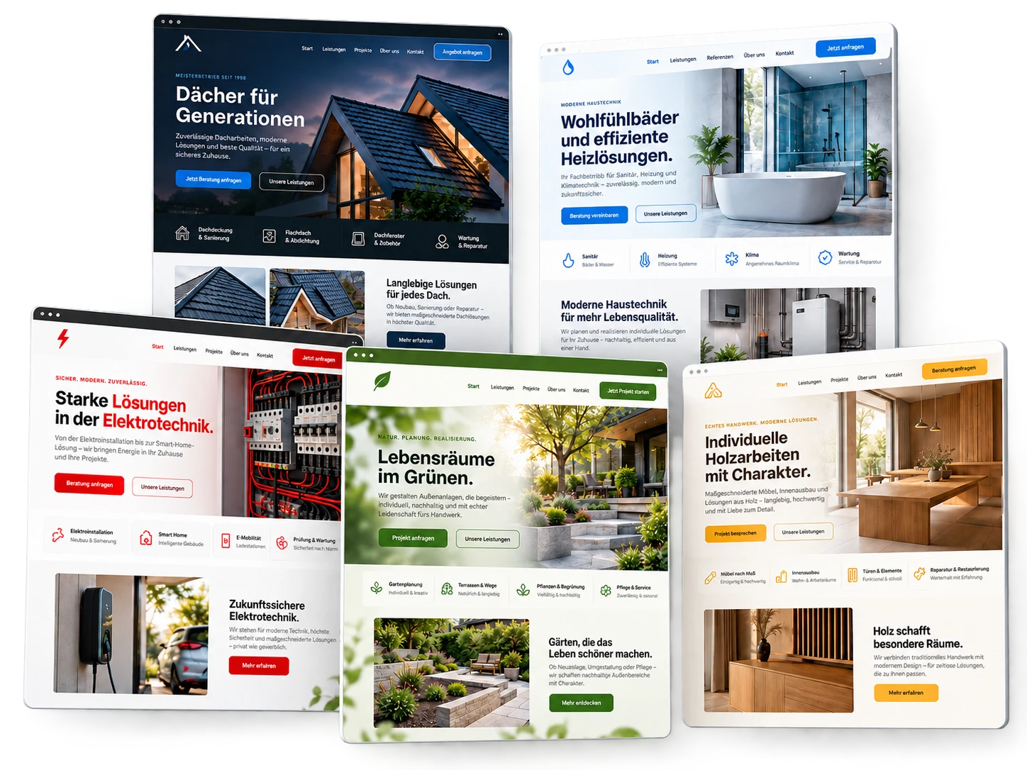 Fünf beispielhafte Websites für Handwerksbetriebe: Dachdecker, Sanitär und Heizung, Elektrotechnik, Garten- und Landschaftsbau und Tischlerei