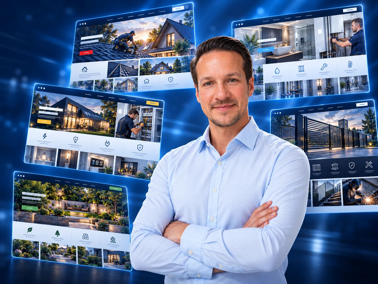 David Bertsch mit verschränkten Armen vor mehreren Website-Mockups für Handwerksbetriebe