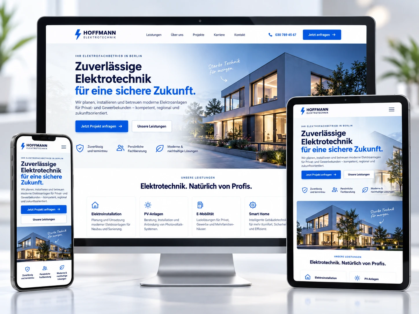 Beispielhafte Website eines Elektrotechnik-Betriebs, dargestellt auf Desktop-Monitor, Tablet und Smartphone